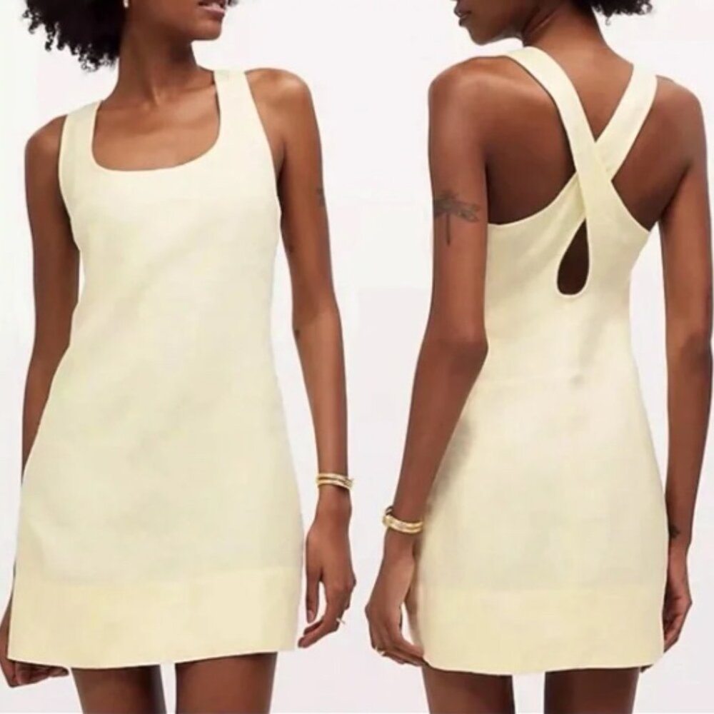 NWOT MADEWELL Mini Dress Size 4 Pale Yellow 100% Linen Cross Back A-Line